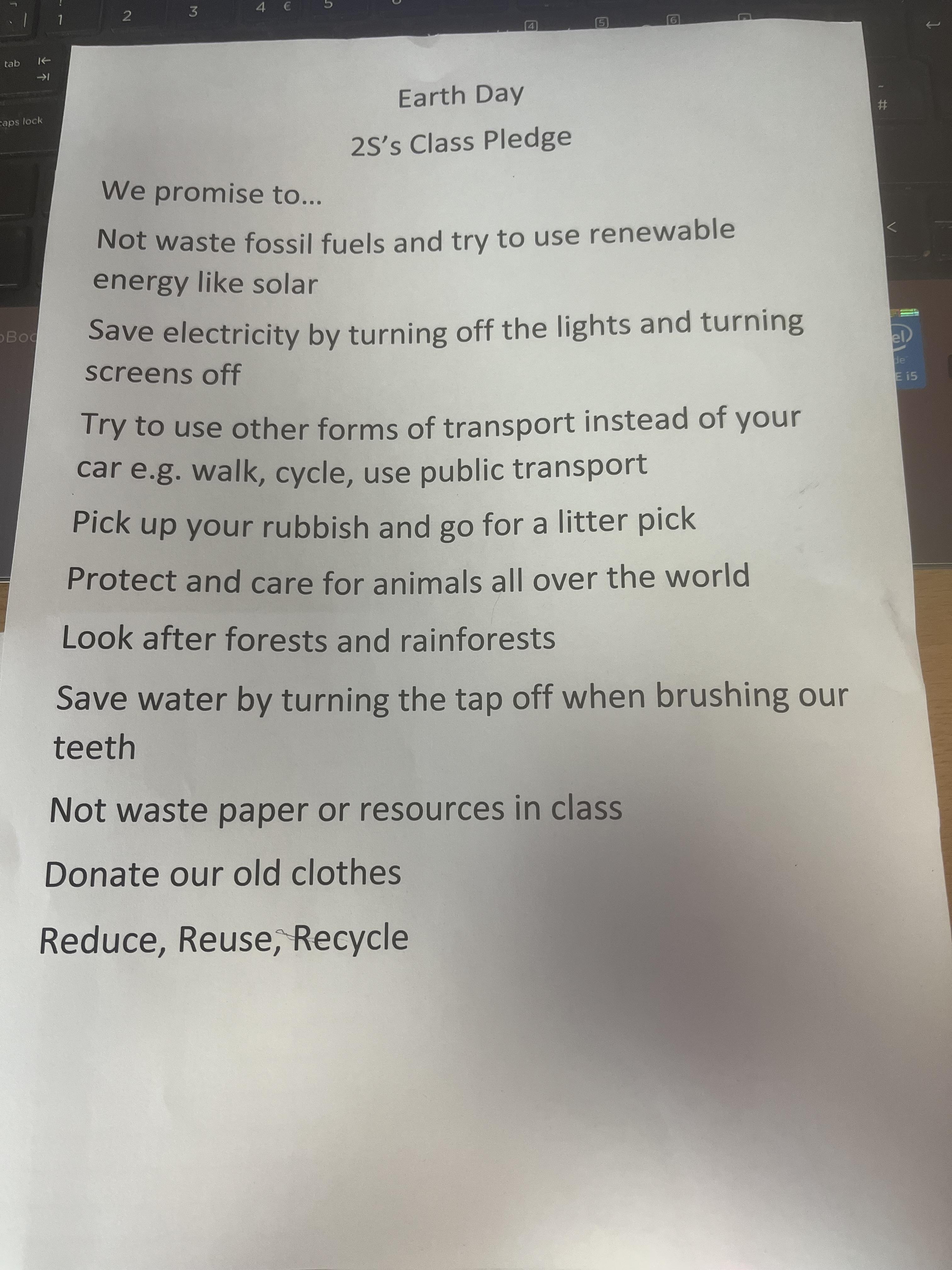 Children came up with a pledge for Earth Day on how to look after our Earth